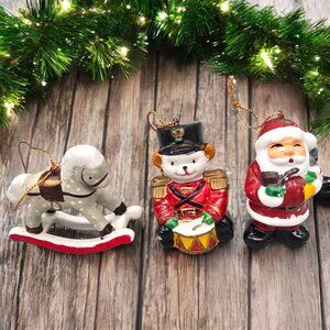 Vtg Set Of 3 Hand-Painted Ceramic Christmas Ornaments Santa Toy Soldier Horse